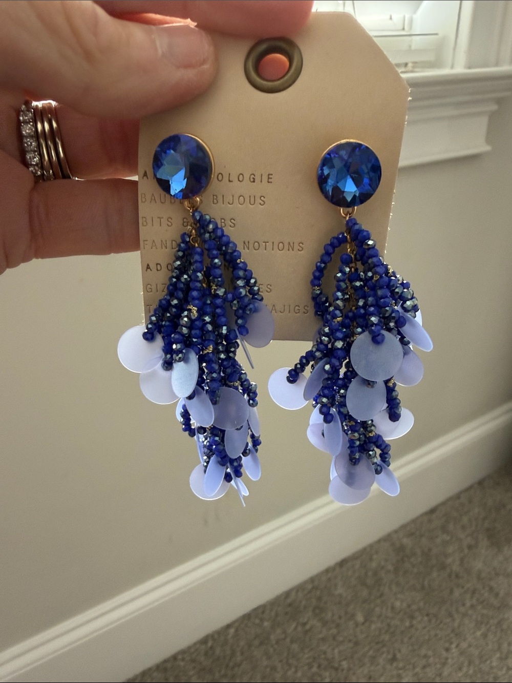 Brand New Blue beaded dangling earrings with sequins- $19